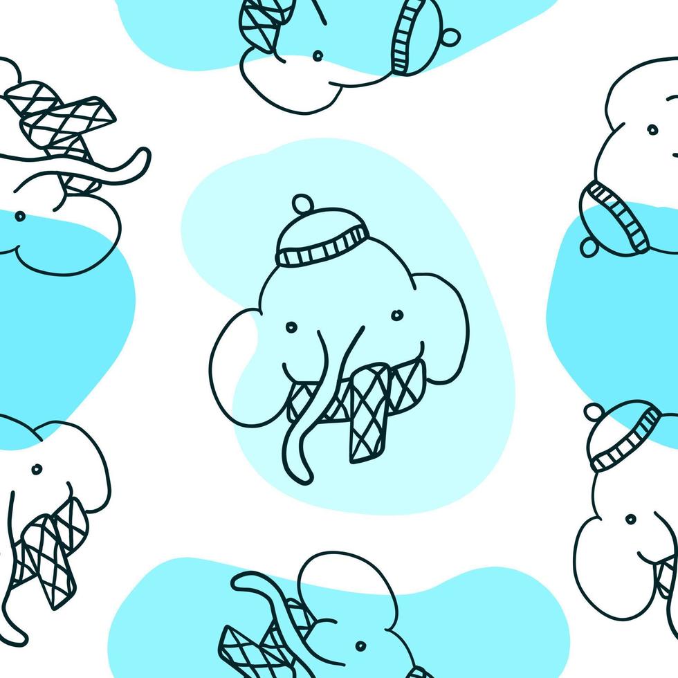 Happy New Year. Elephant in warm winter hat. Vector illustration in outline doodle style isolated on white background.