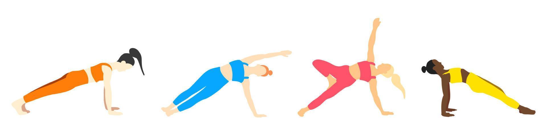 Flexibility yoga poses collection. European, African, Asian female, lady, woman, girl. Pilates, mental health, training, gym. Vector illustration in cartoon flat style isolated on white background.