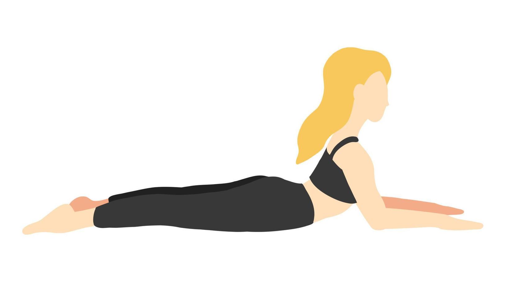 flexibilidad yoga poses recopilación. europeo femenino, dama, mujer, muchacha. largo rubia cabello. negro chandal. pilates, capacitación. vector ilustración en dibujos animados plano estilo aislado en blanco antecedentes.