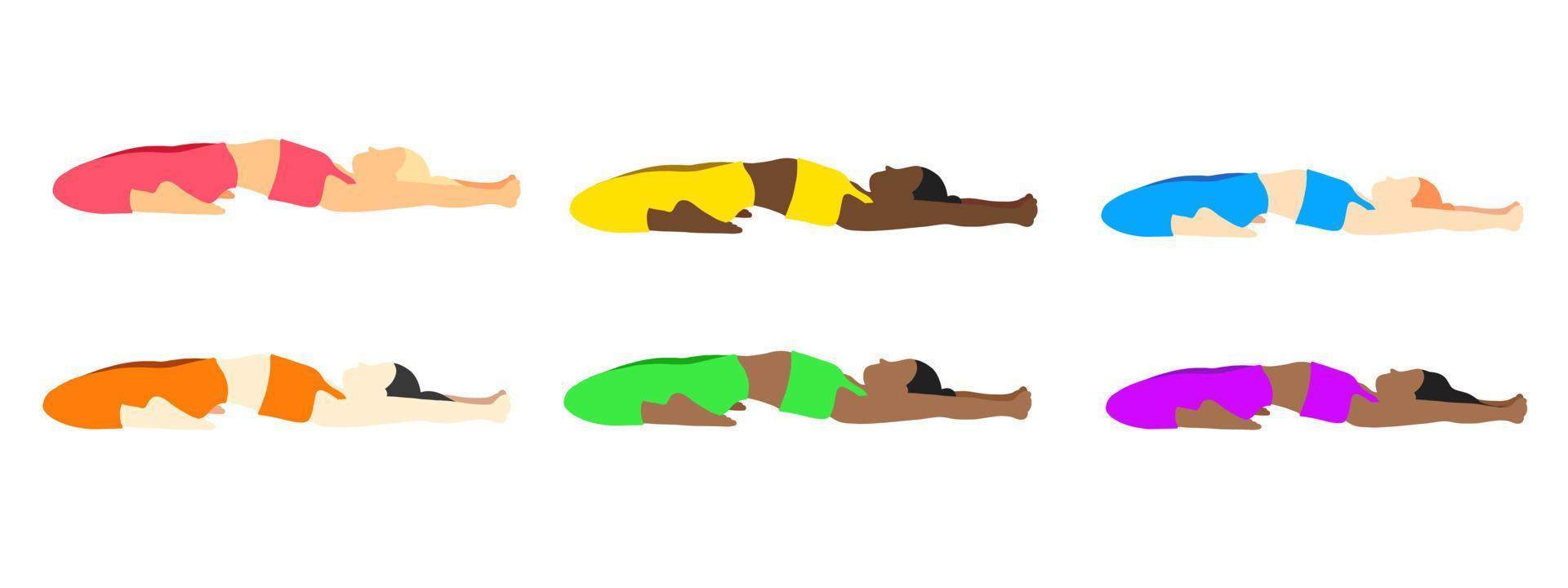 Flexibility yoga poses collection. European, African, Asian female, lady, woman, girl. Pilates, mental health, training, gym. Vector illustration in cartoon flat style isolated on white background.
