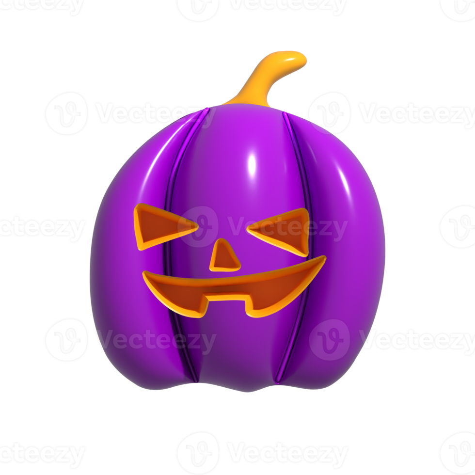 Halloween Realistic 3d Purple Pumpkin with happy face. 3d rendered object. Design element isolated on alpha background. png