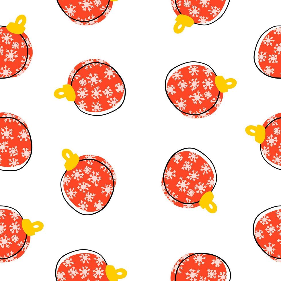 Red balls hanging toys seamless pattern. Merry Christmas and Happy New Year. Vector illustration of tree decoration in cartoon flat style isolated on white background.