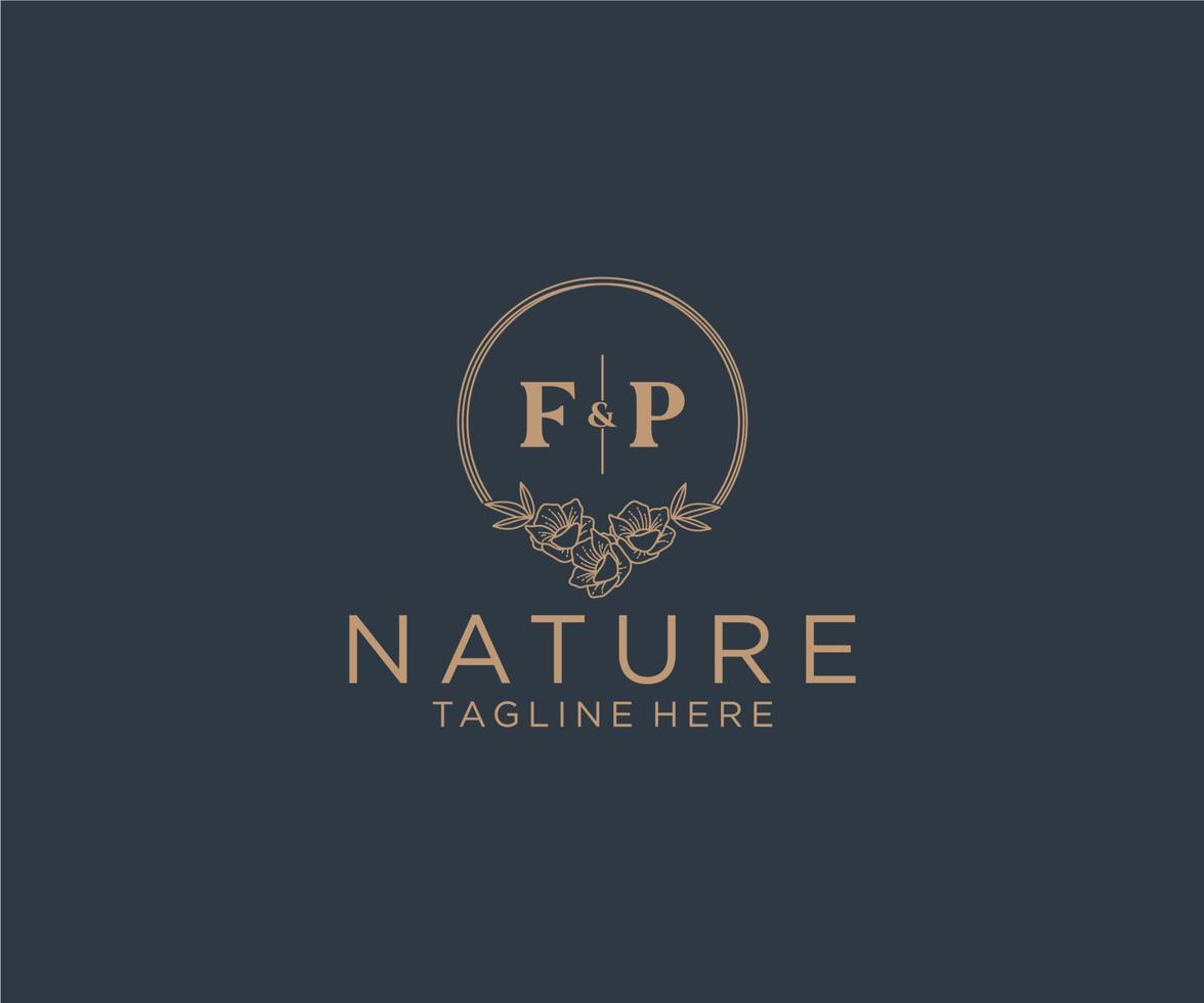initial FP letters floral frames. Botanical feminine editable premade monoline unique decoration for greeting card, wedding invitation. vector