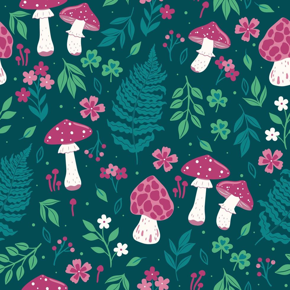 Seamless pattern with mushrooms and flowers. Vector graphics.
