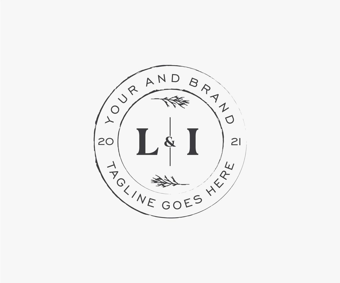 initial LI letters floral frames. Botanical feminine editable premade monoline unique decoration for greeting card, wedding invitation. vector