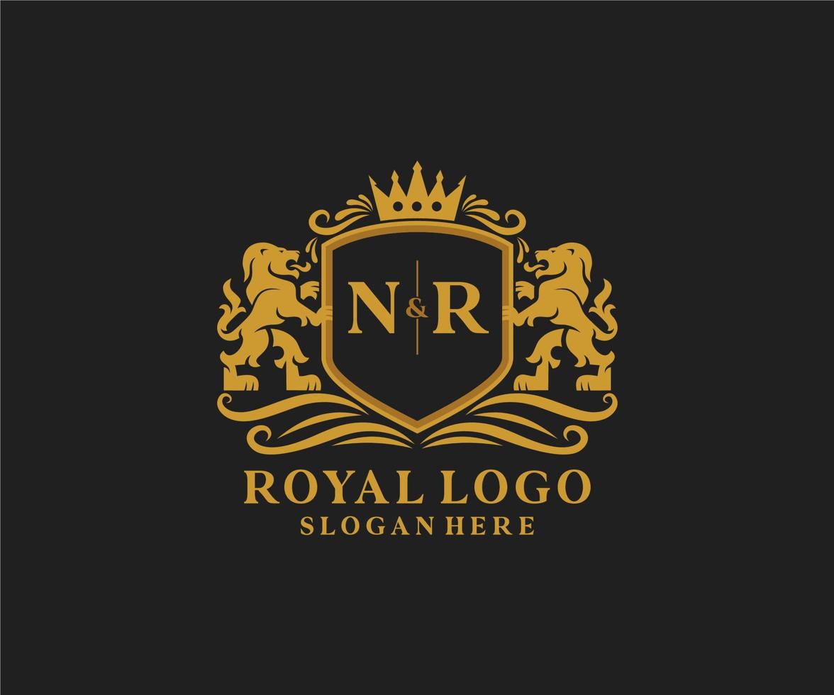 Initial NR Letter Lion Royal Luxury Logo template in vector art for Restaurant, Royalty, Boutique, Cafe, Hotel, Heraldic, Jewelry, Fashion and other vector illustration.
