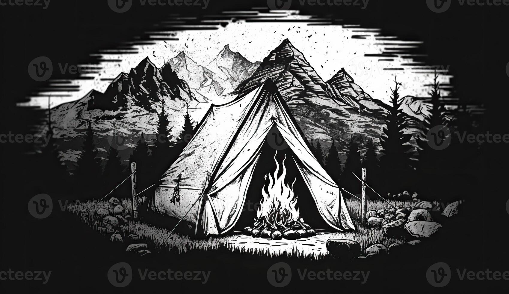 . AI Geretative. Vintage Retro camping tent in engraving style. Adventure trip journy motivational poster. Can be used for decoration and inspiration. Graphic Art photo