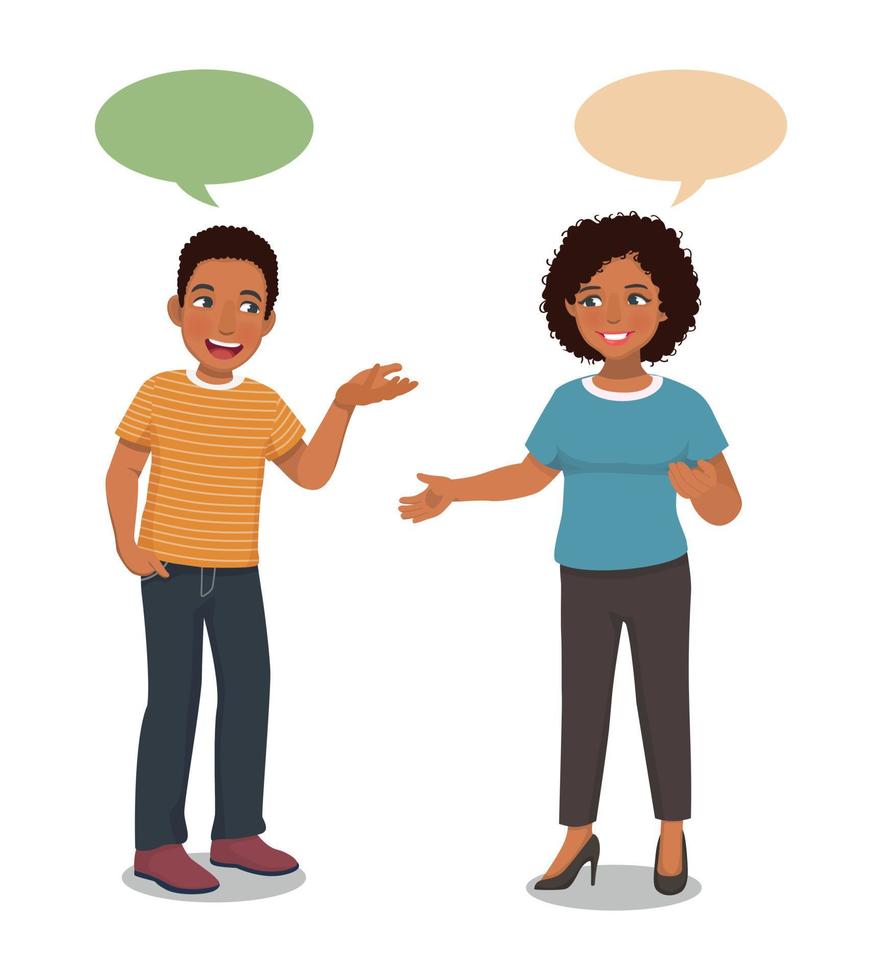 Young African couples woman and man talking to each other having conversation with speech bubbles vector