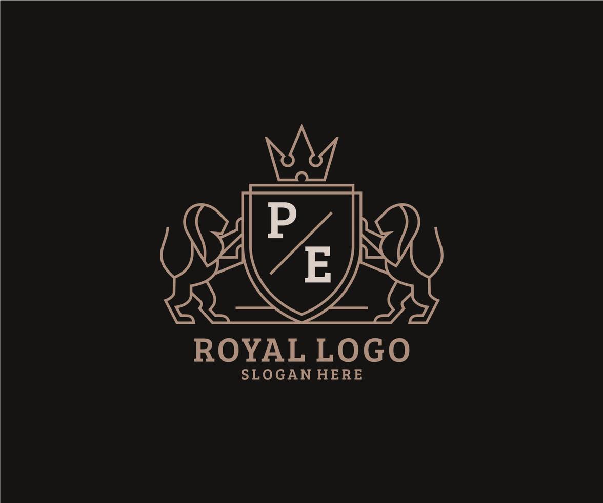 Initial PE Letter Lion Royal Luxury Logo template in vector art for Restaurant, Royalty, Boutique, Cafe, Hotel, Heraldic, Jewelry, Fashion and other vector illustration.