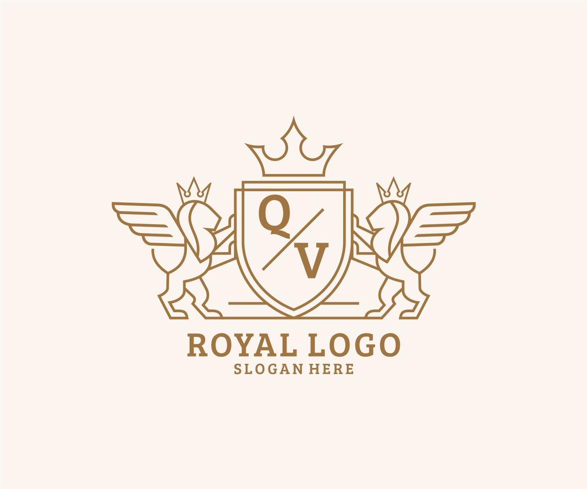 Initial QV Letter Lion Royal Luxury Heraldic,Crest Logo template in vector art for Restaurant, Royalty, Boutique, Cafe, Hotel, Heraldic, Jewelry, Fashion and other vector illustration.