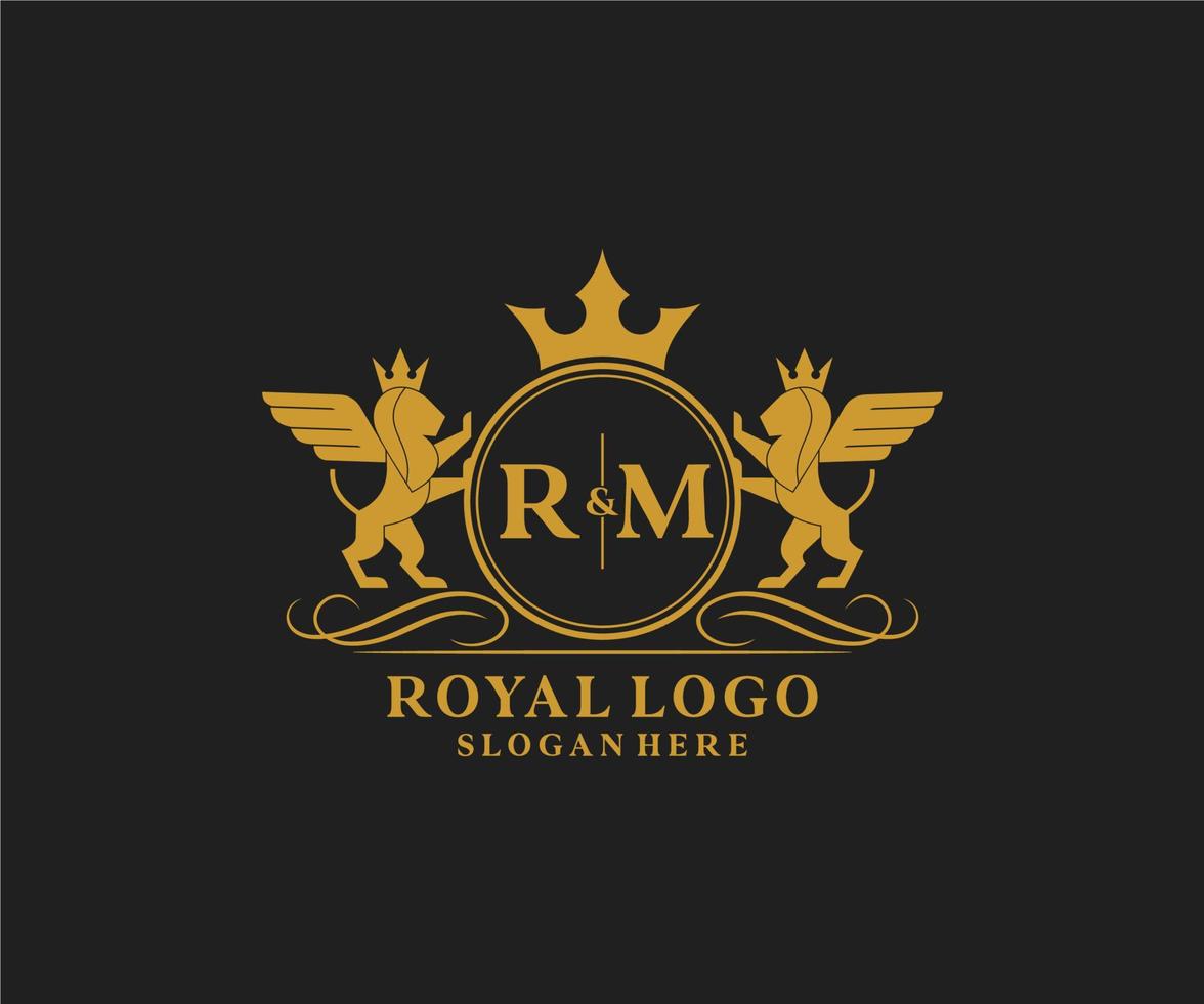 Initial RM Letter Lion Royal Luxury Heraldic,Crest Logo template in vector art for Restaurant, Royalty, Boutique, Cafe, Hotel, Heraldic, Jewelry, Fashion and other vector illustration.