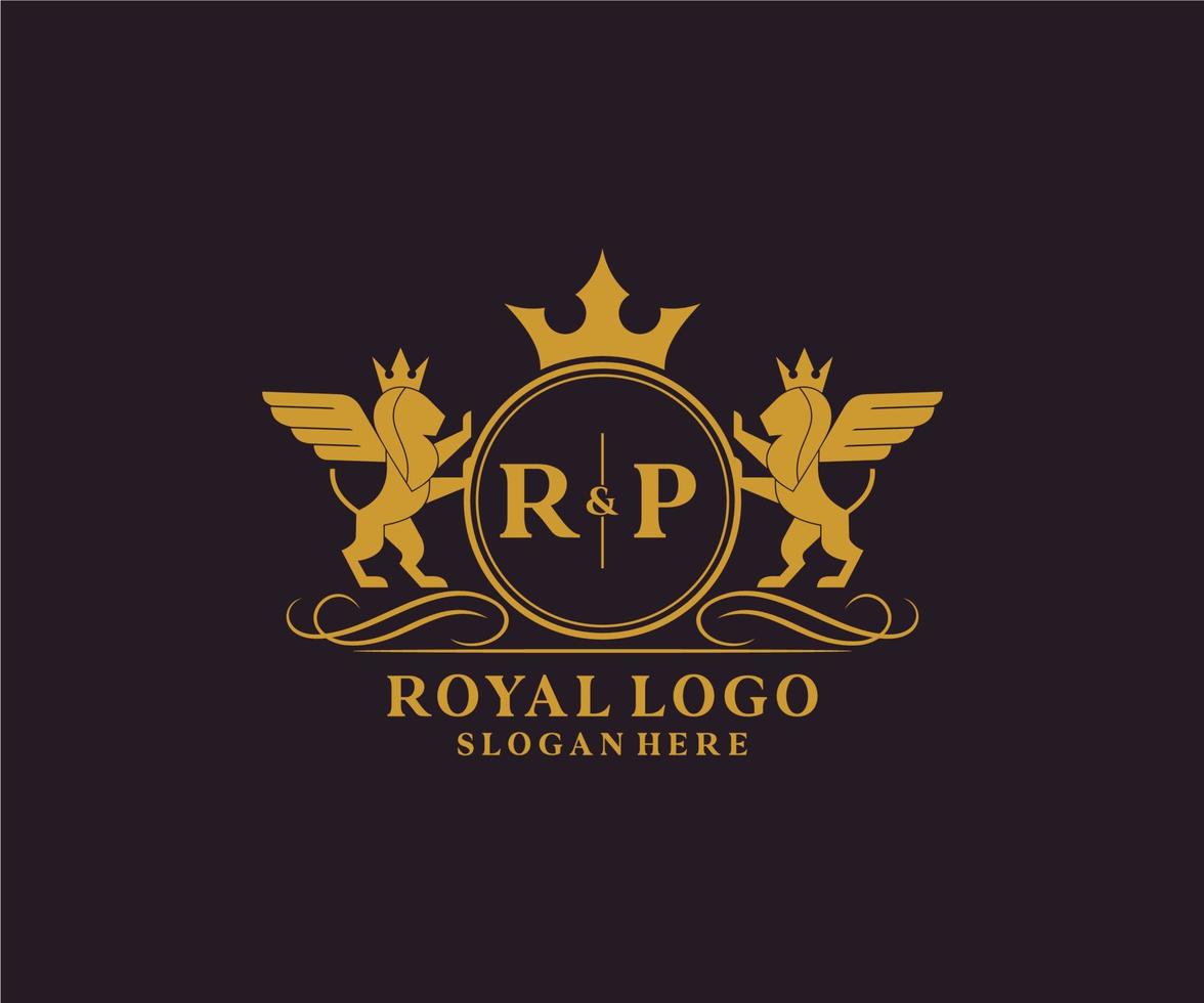 Initial RP Letter Lion Royal Luxury Heraldic,Crest Logo template in vector art for Restaurant, Royalty, Boutique, Cafe, Hotel, Heraldic, Jewelry, Fashion and other vector illustration.