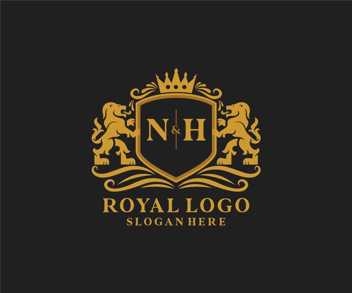 Initial NH Letter Lion Royal Luxury Logo template in vector art for Restaurant, Royalty, Boutique, Cafe, Hotel, Heraldic, Jewelry, Fashion and other vector illustration.