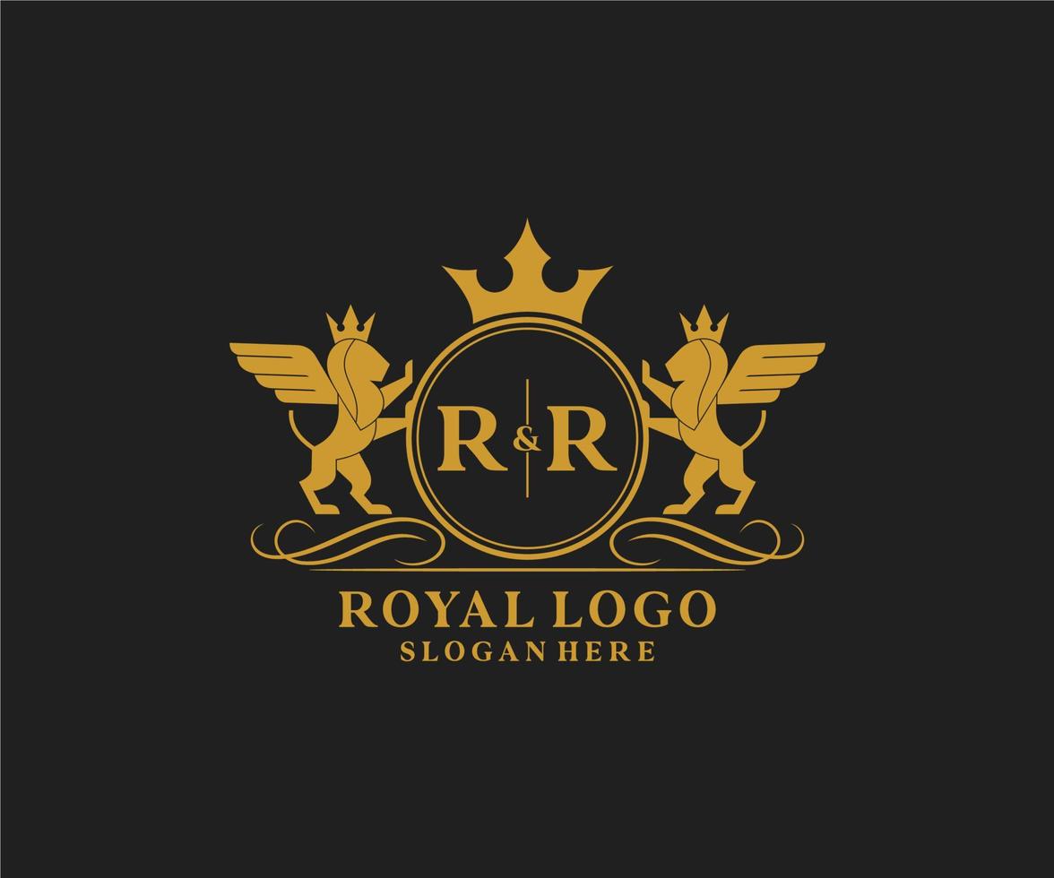 Initial RR Letter Lion Royal Luxury Heraldic,Crest Logo template in vector art for Restaurant, Royalty, Boutique, Cafe, Hotel, Heraldic, Jewelry, Fashion and other vector illustration.