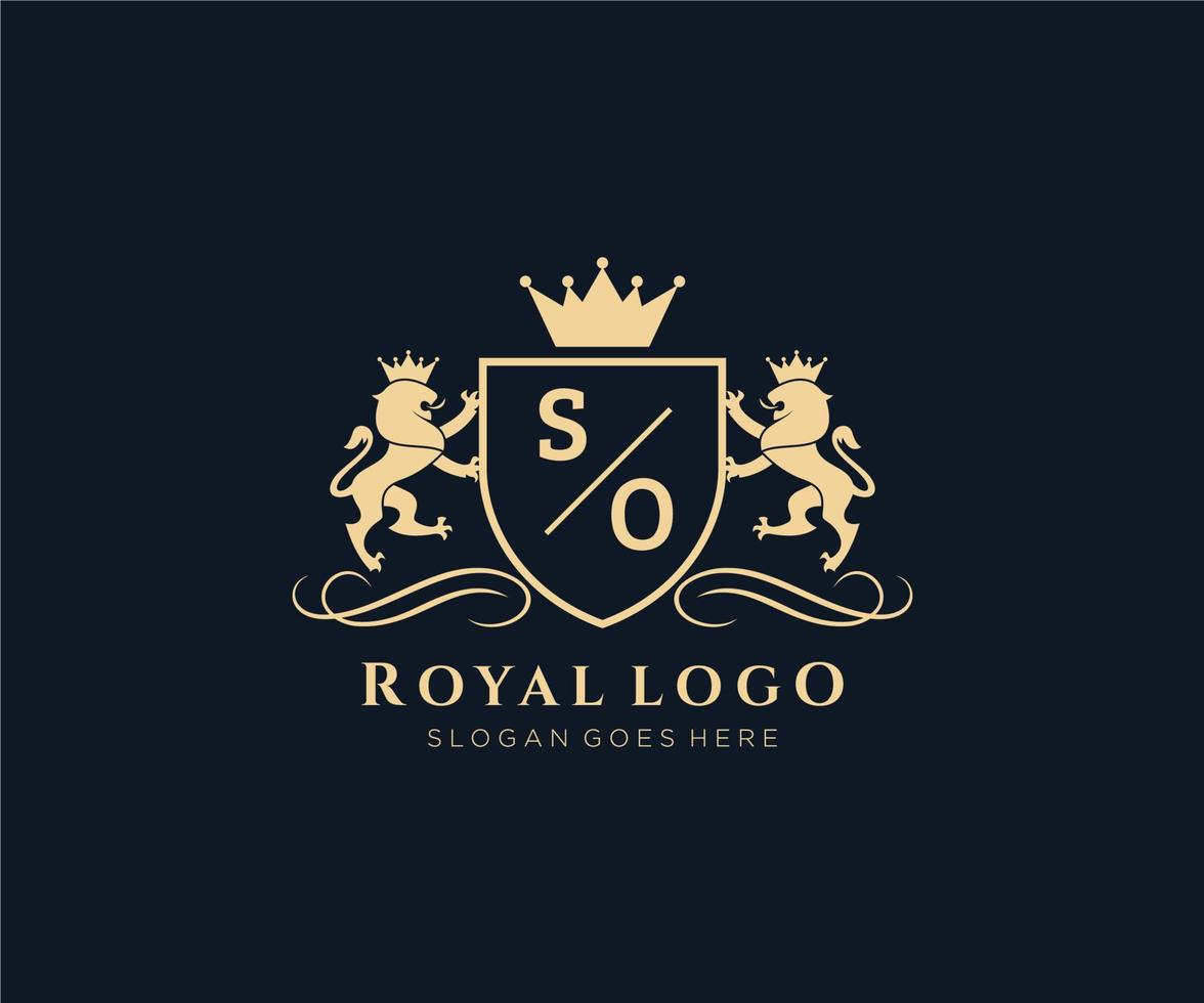 Initial SO Letter Lion Royal Luxury Heraldic,Crest Logo template in vector art for Restaurant, Royalty, Boutique, Cafe, Hotel, Heraldic, Jewelry, Fashion and other vector illustration.