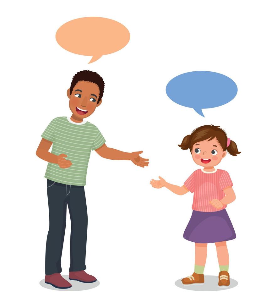 Young African man talking to cute little girl having conversation with speech bubbles vector