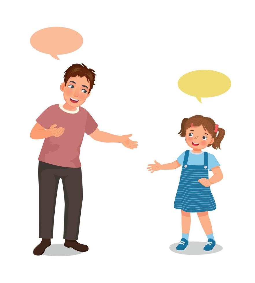 Young man talking to cute little girl having conversation with speech bubbles vector