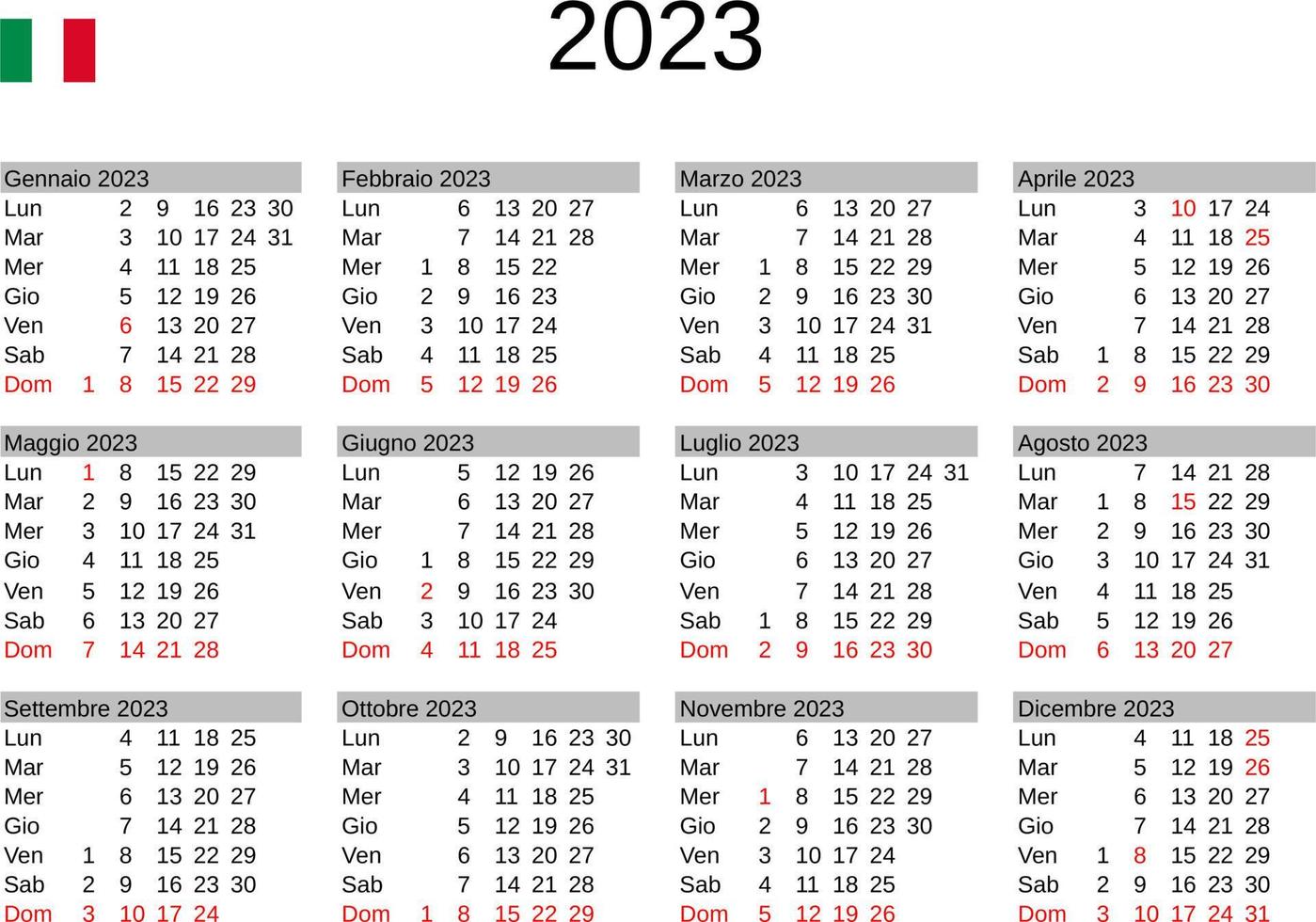 año 2023 calendario en italiano con Italia Días festivos vector