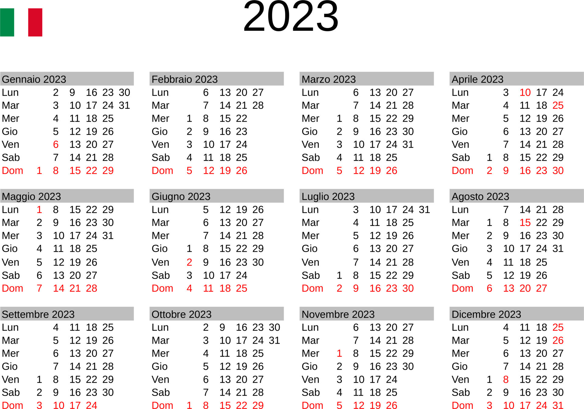 Year 2023 Calendar In Italian With Italy Holidays 22793793 Vector Art 