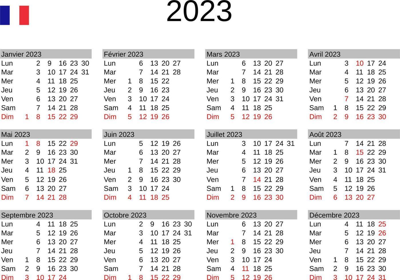 year 2023 calendar in French with France holidays vector