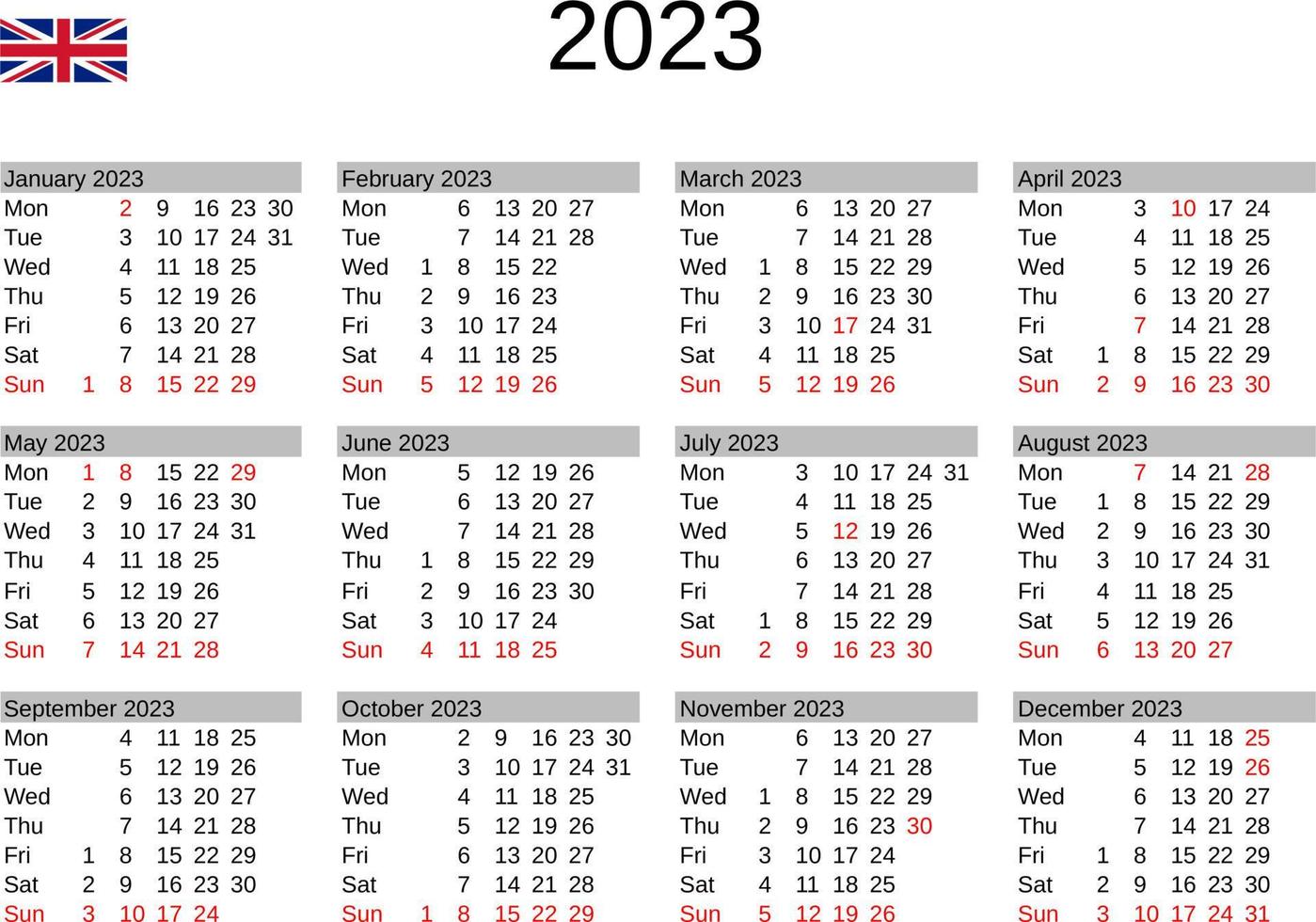 year 2023 calendar in English with United Kingdom holidays vector