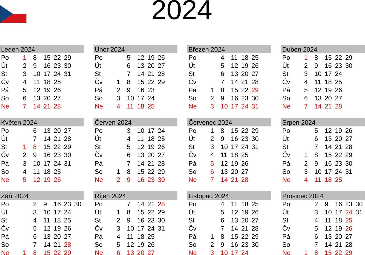 year 2024 calendar in Czech with Czech Republic holidays 22793803