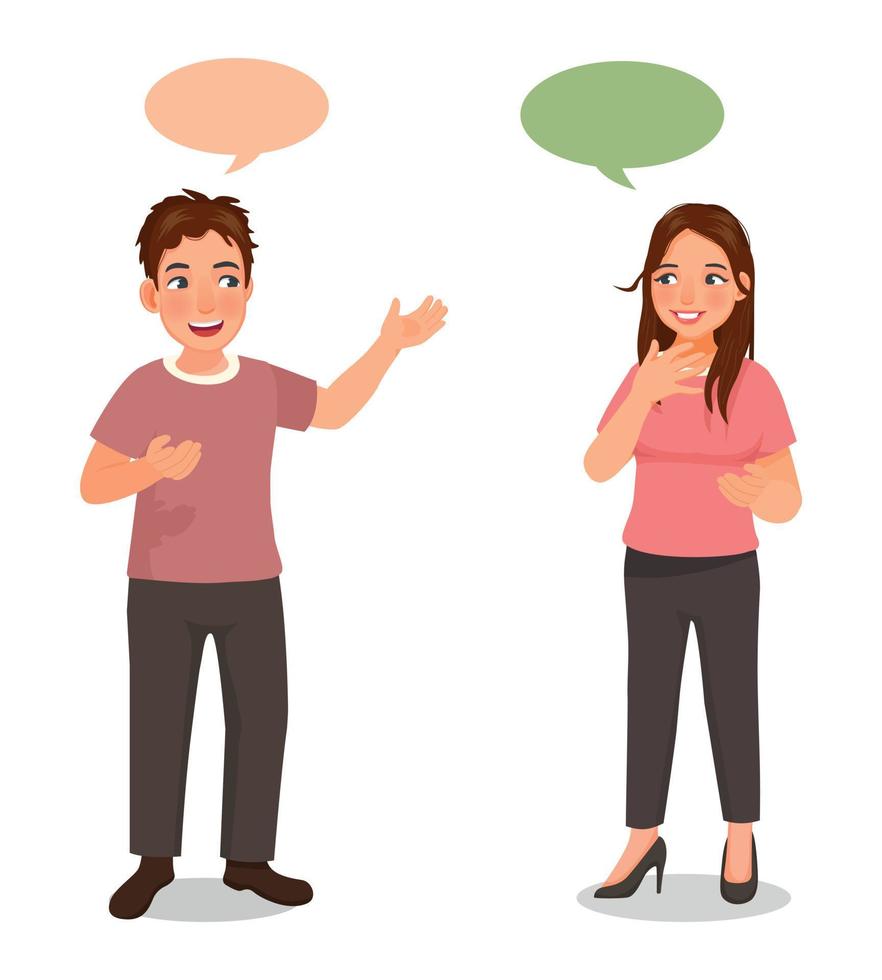 Young couples woman and man talking to each other having conversation with speech bubbles vector