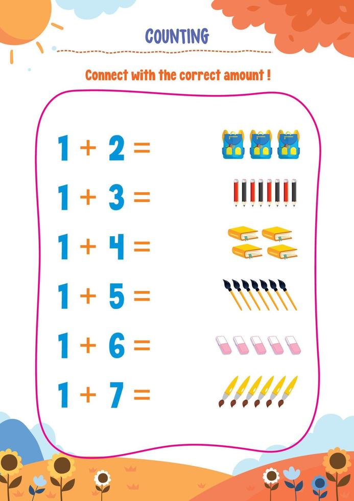 Learning counting, addition, substraction for kids with cute pictures like animals, foods, drinks, toys, fruits and vegetables vector