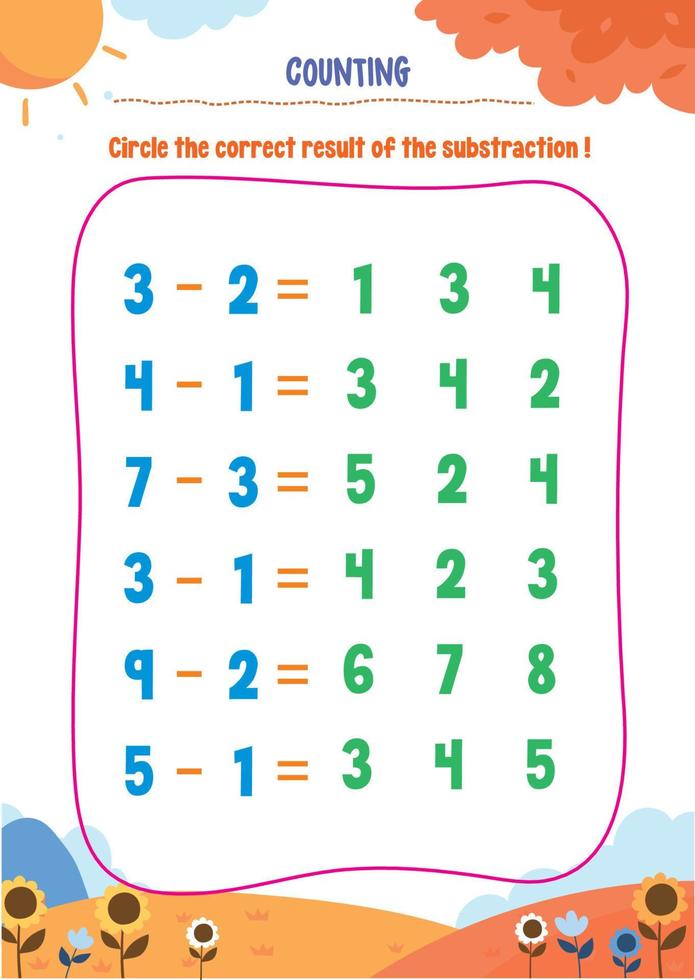 Learning counting, addition, substraction for kids with cute pictures like animals, foods, drinks, toys, fruits and vegetables vector