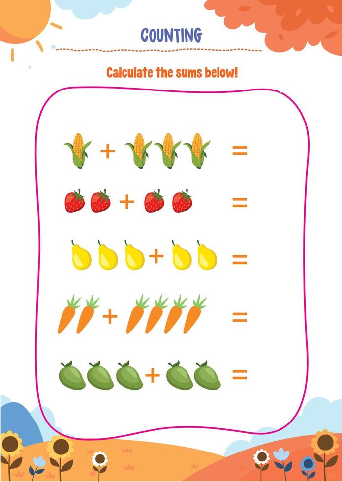 Learning counting, addition, substraction for kids with cute pictures like animals, foods, drinks, toys, fruits and vegetables vector