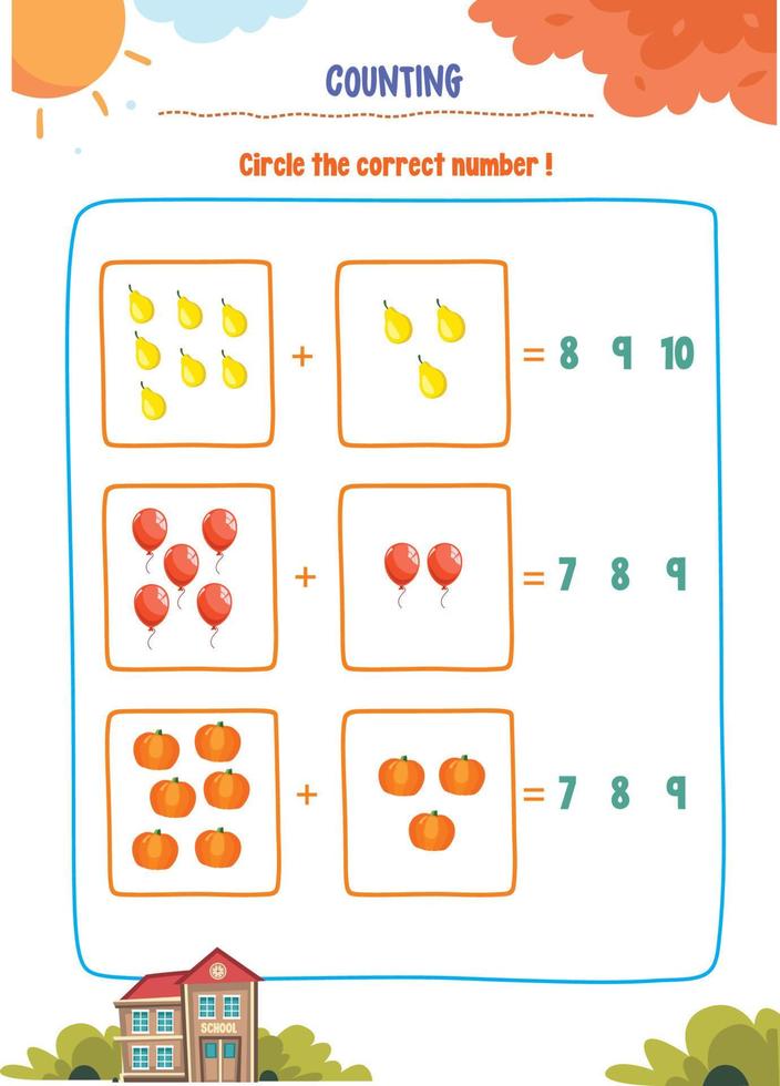 Learning counting, addition, substraction for kids with cute pictures like animals, foods, drinks, toys, fruits and vegetables vector