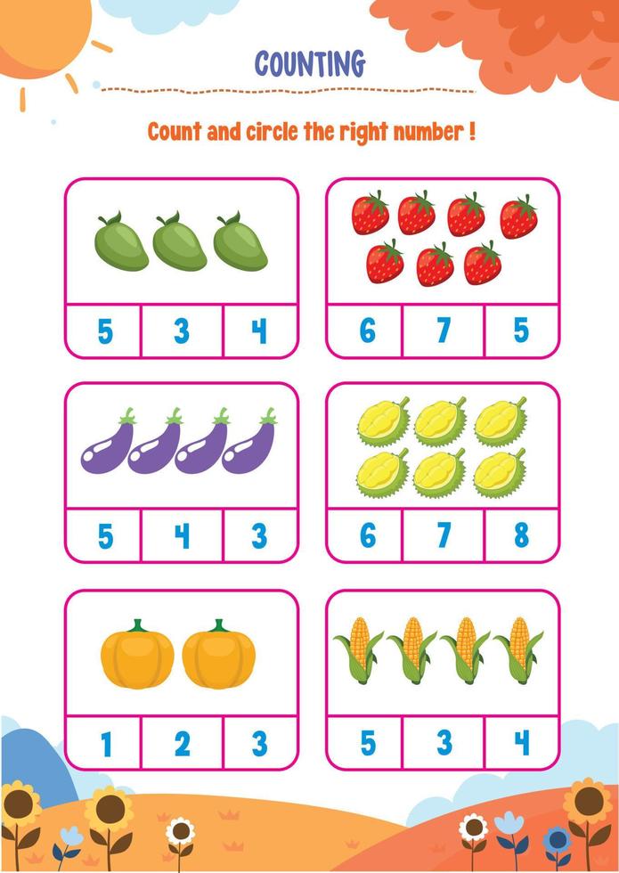 Learning counting, addition, substraction for kids with cute pictures like animals, foods, drinks, toys, fruits and vegetables vector