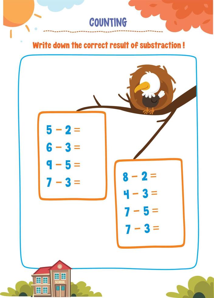 Learning counting, addition, substraction for kids with cute pictures like animals, foods, drinks, toys, fruits and vegetables vector