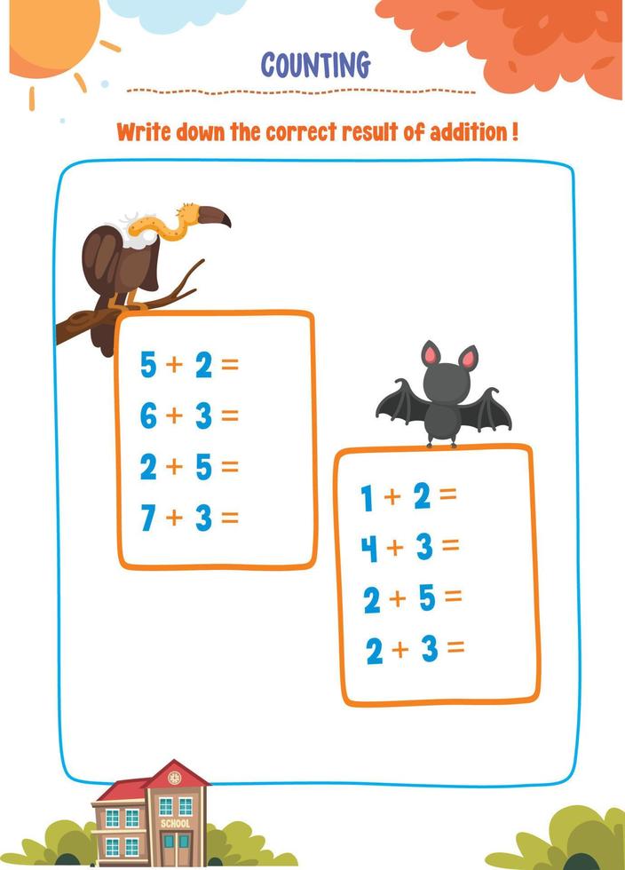 Learning counting, addition, substraction for kids with cute pictures like animals, foods, drinks, toys, fruits and vegetables vector