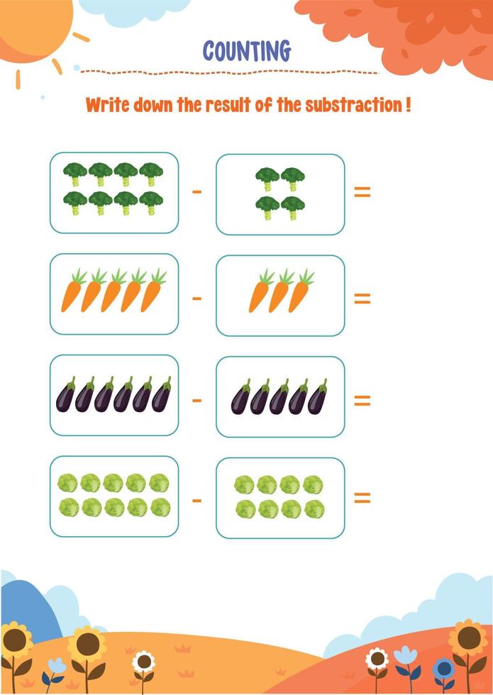 Learning counting, addition, substraction for kids with cute pictures like animals, foods, drinks, toys, fruits and vegetables vector