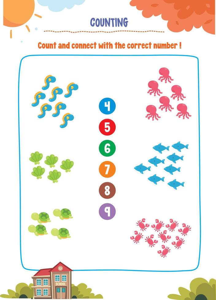 Learning counting, addition, substraction for kids with cute pictures like animals, foods, drinks, toys, fruits and vegetables vector