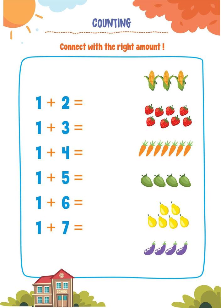 Learning counting, addition, substraction for kids with cute pictures like animals, foods, drinks, toys, fruits and vegetables vector