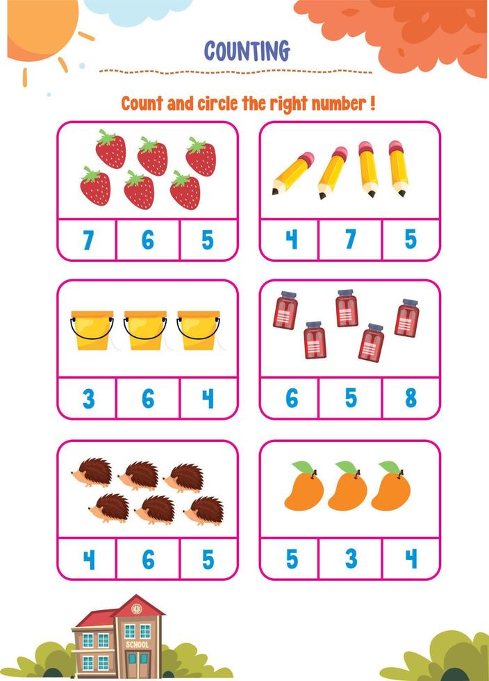 Learning counting, addition, substraction for kids with cute pictures like animals, foods, drinks, toys, fruits and vegetables vector