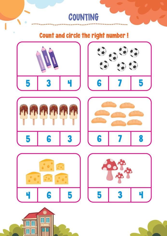 Learning counting, addition, substraction for kids with cute pictures like animals, foods, drinks, toys, fruits and vegetables vector