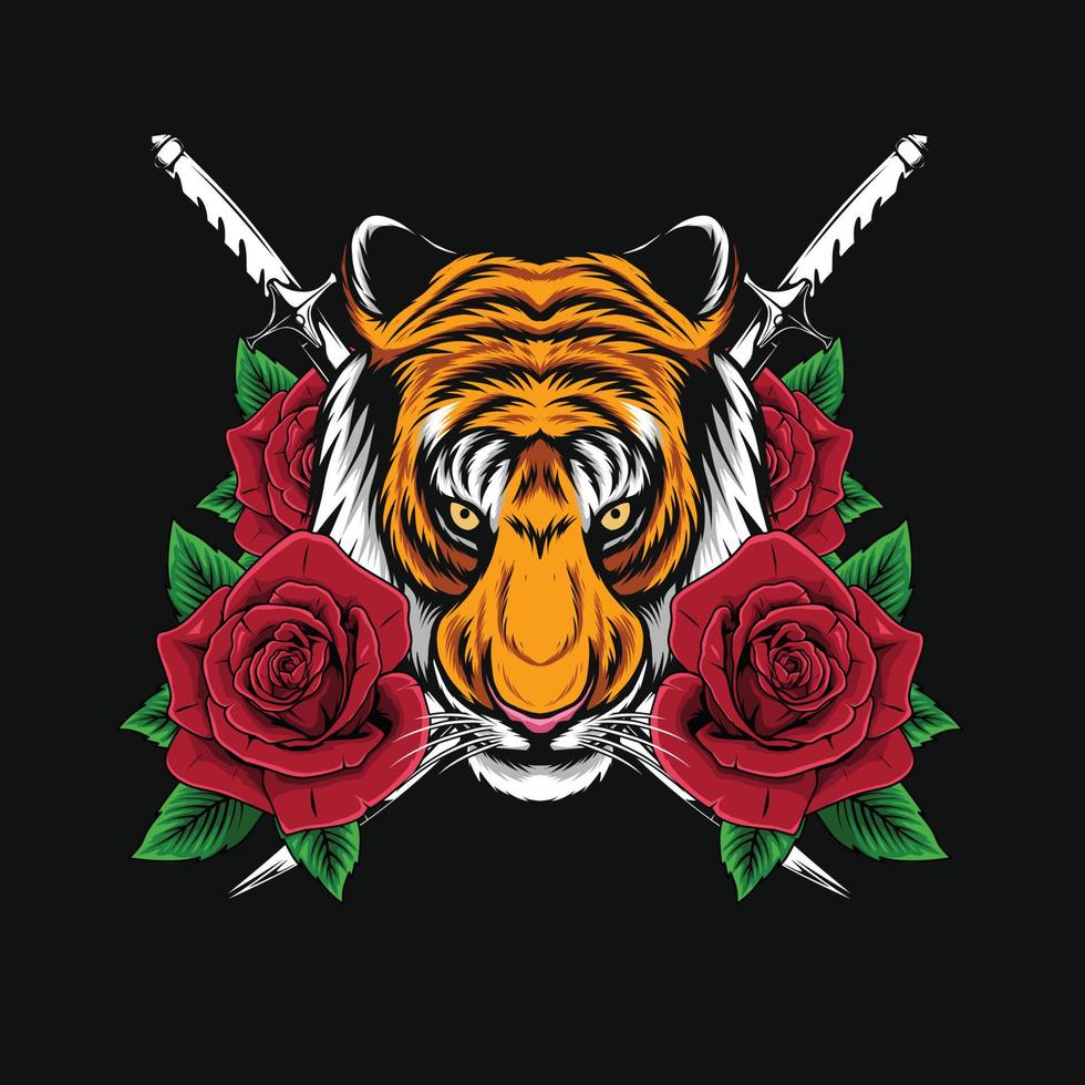 tiger head and flower illustration vector