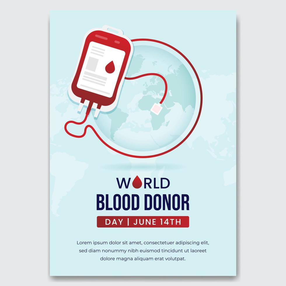 World blood donor day June 14th with blood bag and globe illustration flyer design vector