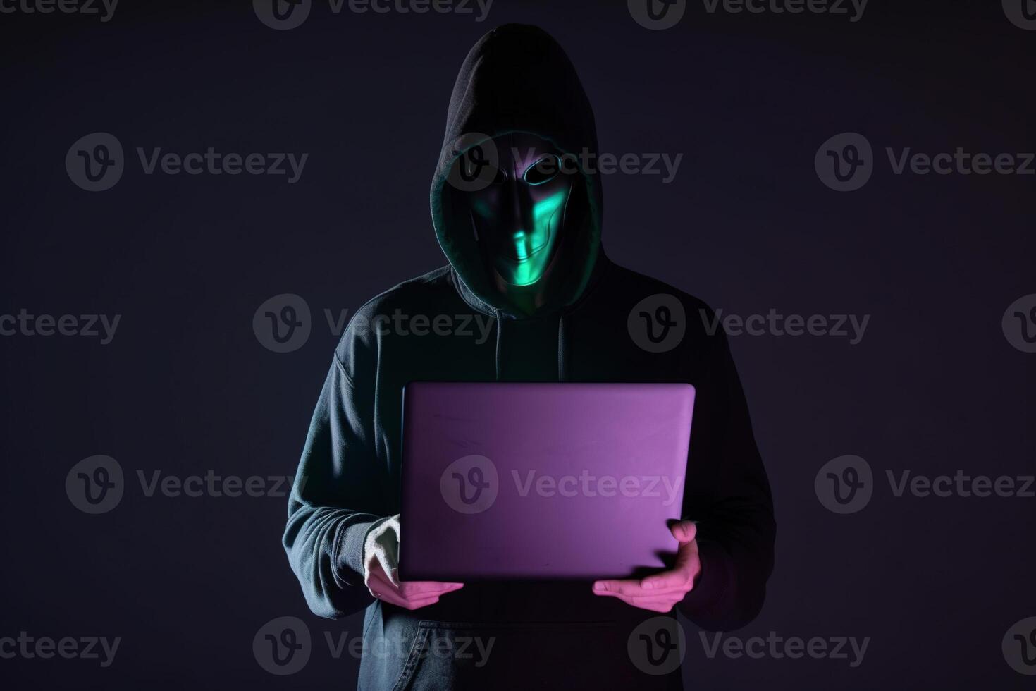 un hacker en un capucha utilizando un ordenador portátil computadora aislado en oscuro antecedentes con neón ligero. ai generado foto
