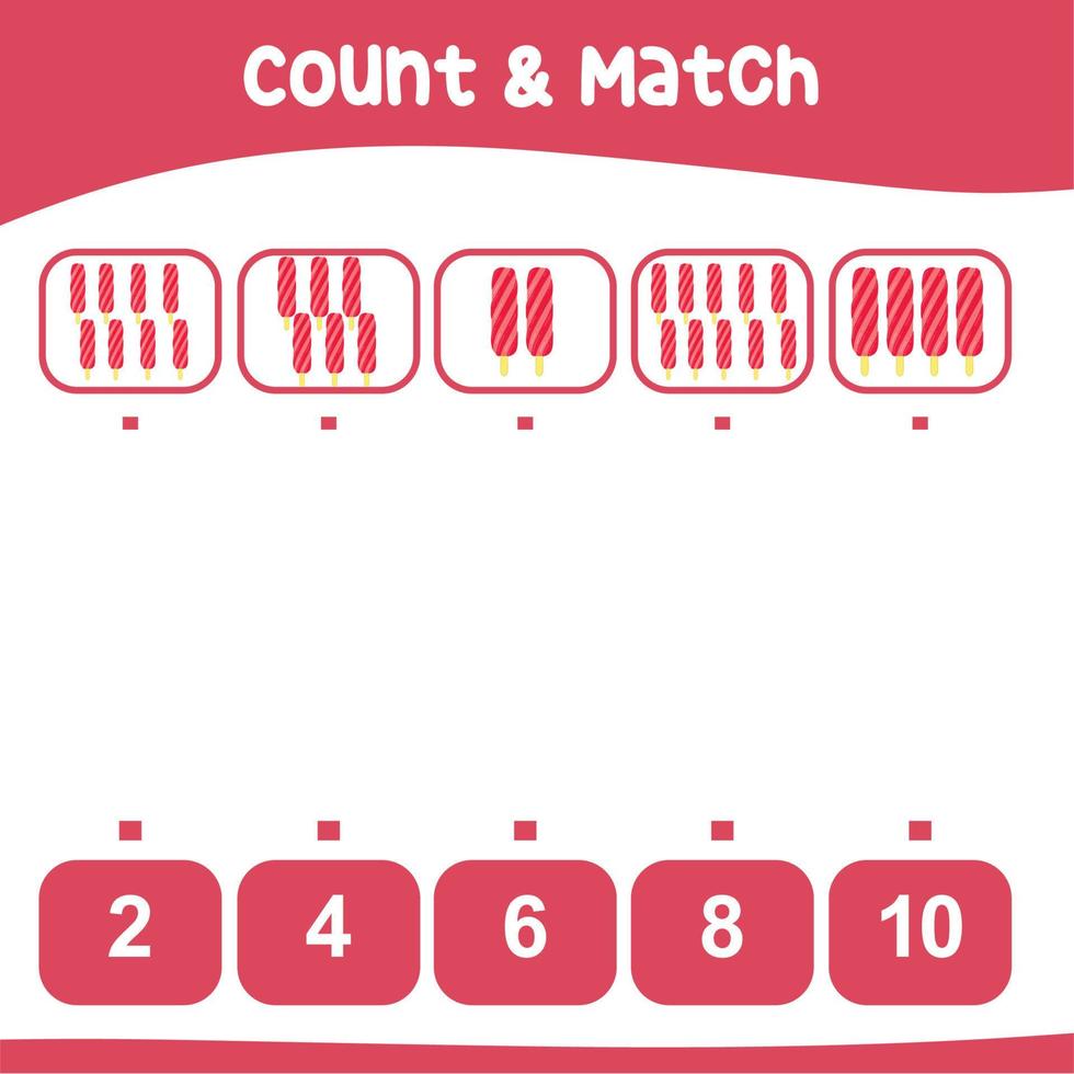 Count and match together worksheet. Educational printable math worksheet. Math game for children. Vector illustration.