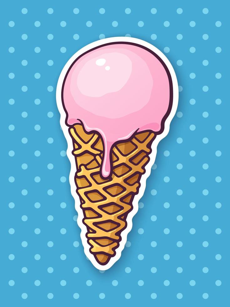 Pink ice ball cream in the waffle cone. Sticker in cartoon style with contour. vector