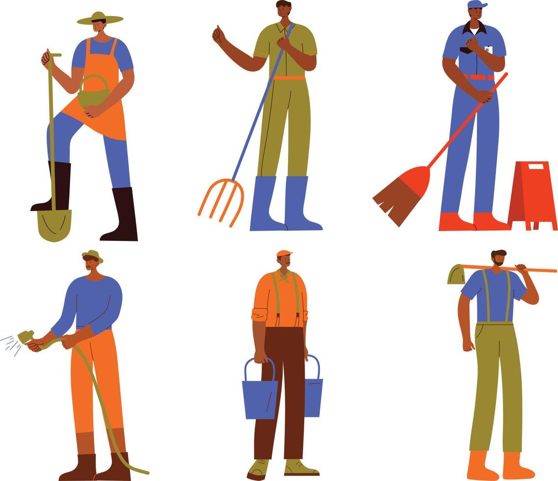 Set of Male Gardener Characters with Rakes and Shovel Vector Illustration