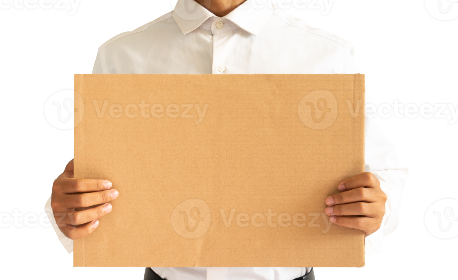 Business man holding empty cardboard for copy space and mockups png