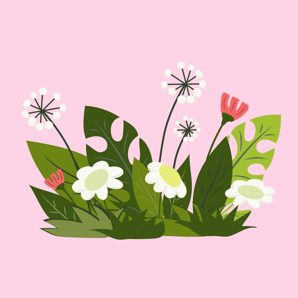 Composition with wildflowers on a pink. Dandelions, tulips, daisies, leaves vector