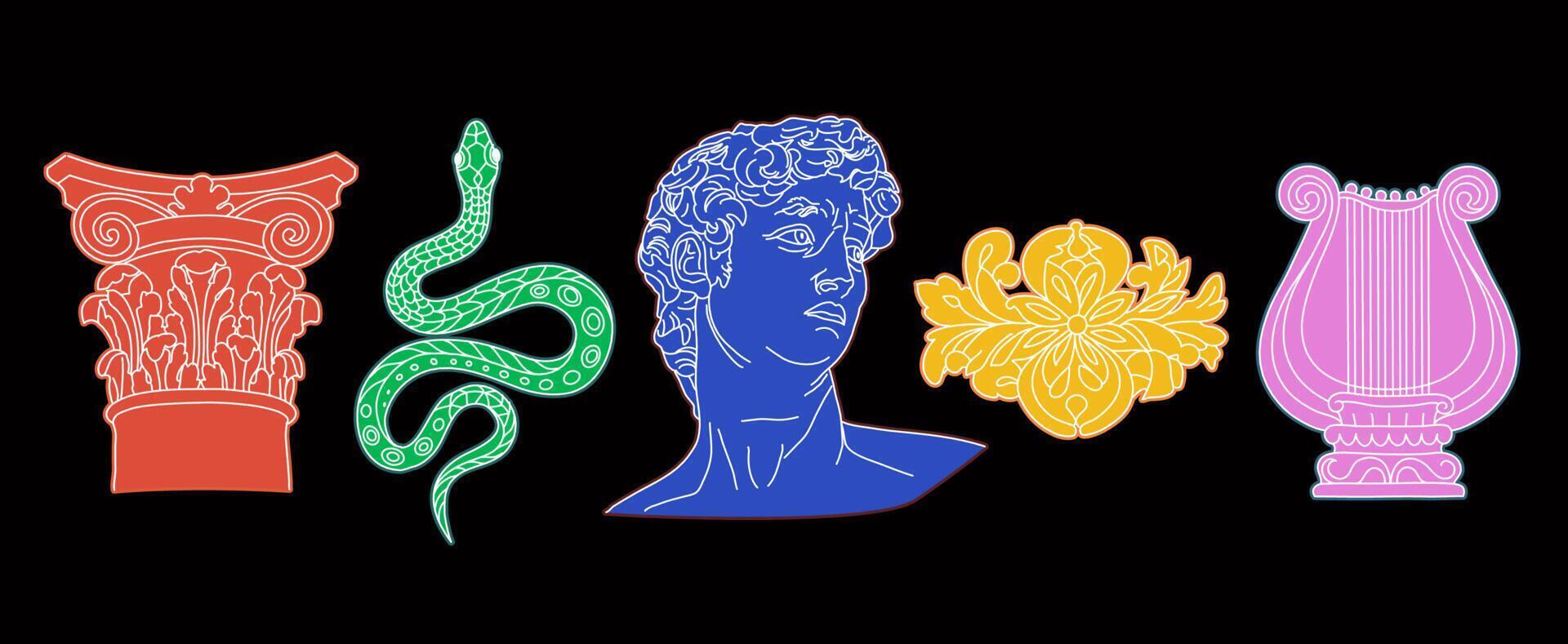 Antique statues, bust, pillar, harp, column, snake. Different objects. Mythical, ancient greek or roman style. Hand drawn sculpture illustration. Classic statues in modern style. Collage art elements vector