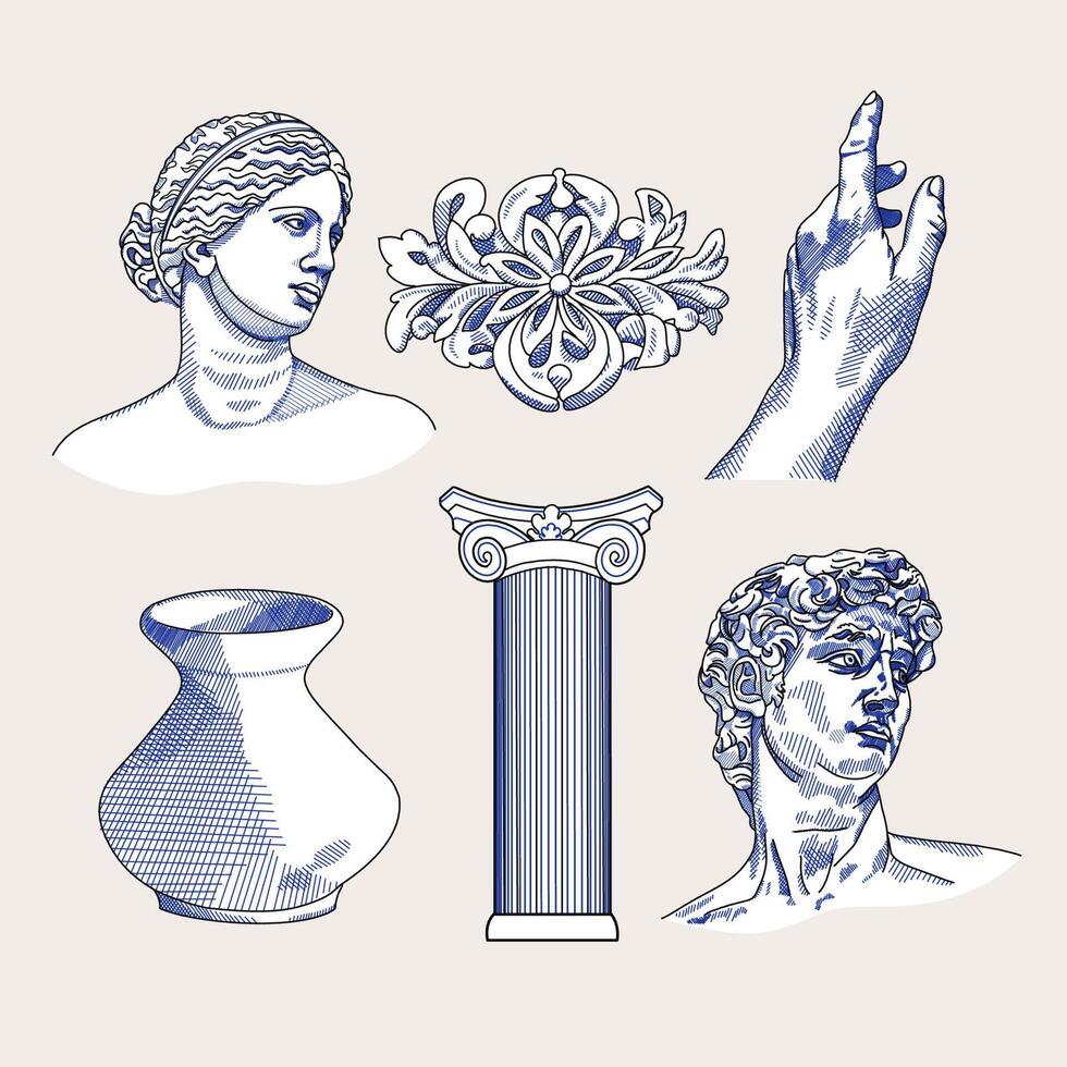 antiguo estatuas, busto, pilar, ánfora, columna. diferente objetos. mítico, antiguo griego o romano estilo. mano dibujado escultura ilustración. clásico estatuas en moderno estilo. collage Arte elementos vector