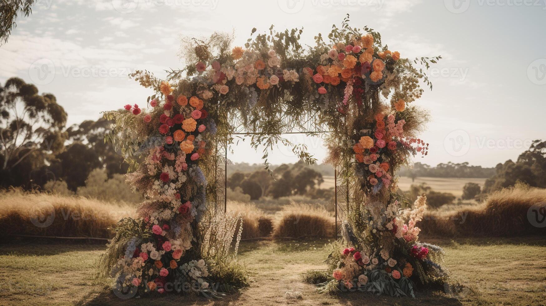 , Wedding ceremony boho rustic style arch with flowers and plants, flower bouquets. photo